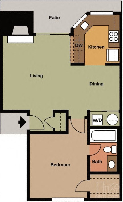 Floor plan for 1 bed, 1 bath, 655 sqft